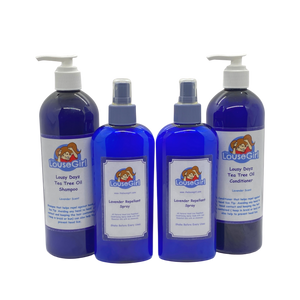 Open image in slideshow, Prevention Pack that includes 16oz tea tree oil shampoo and conditioner, also includes two 8oz tea tree oil repellent sprays. Repels against head lice. 

